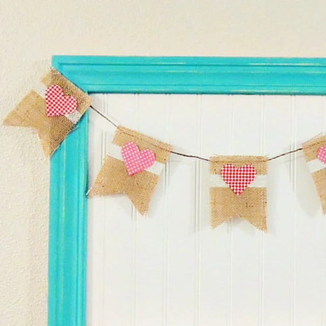burlap valentine banner on blue frame