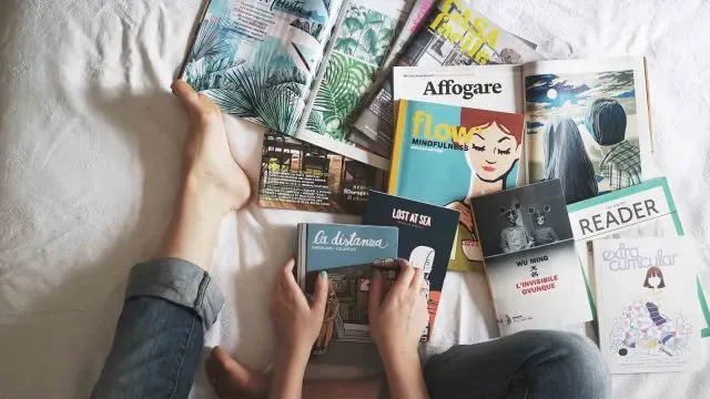 magazines on bed