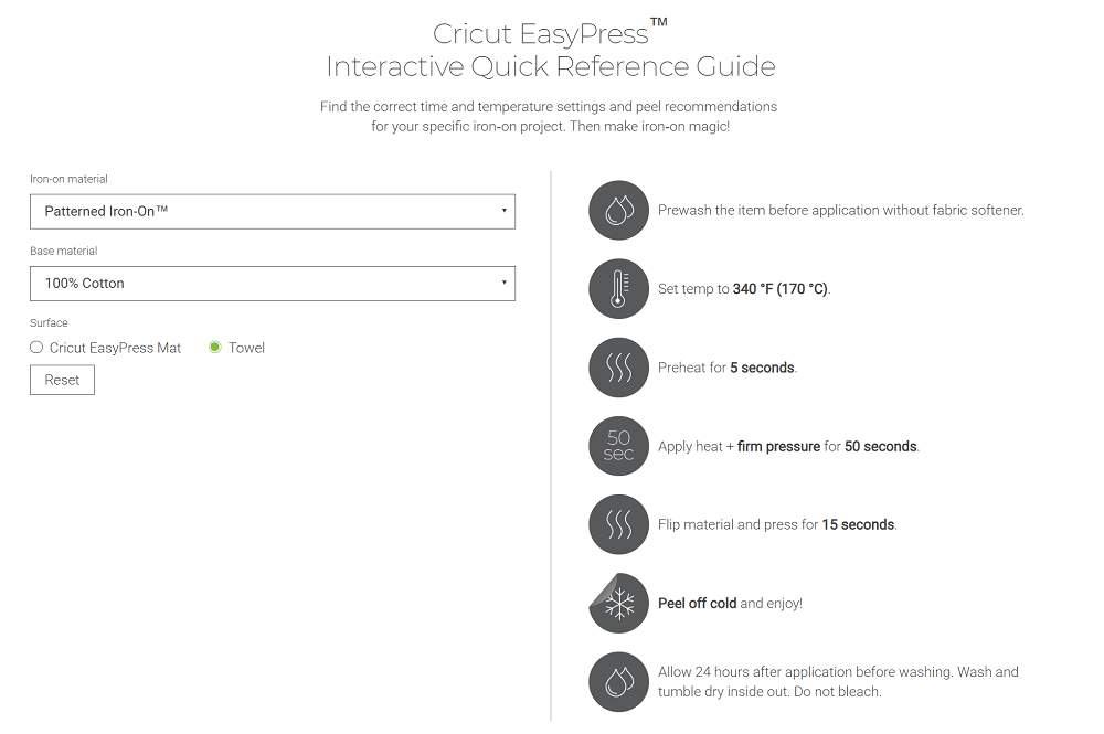 EasyPress settings chart