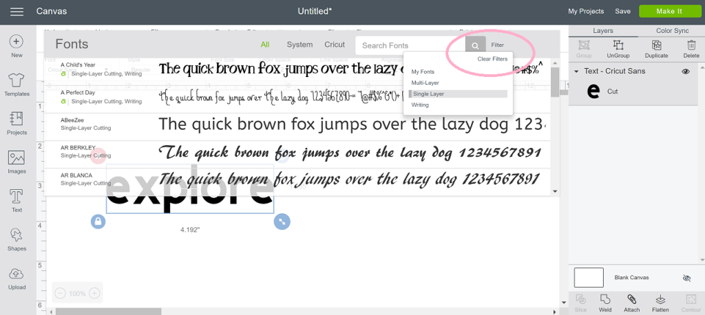 How to filter Cricut fonts