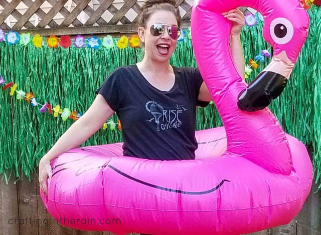 Pink flamingo floatie at party