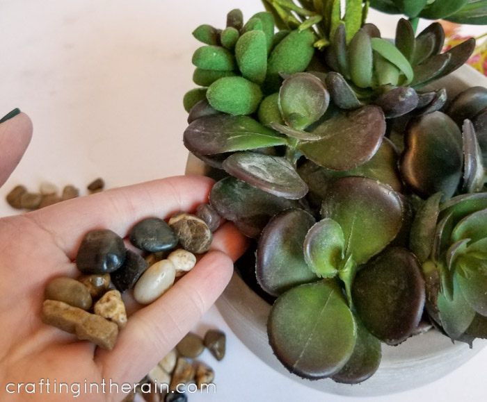 Add rocks to faux succulents