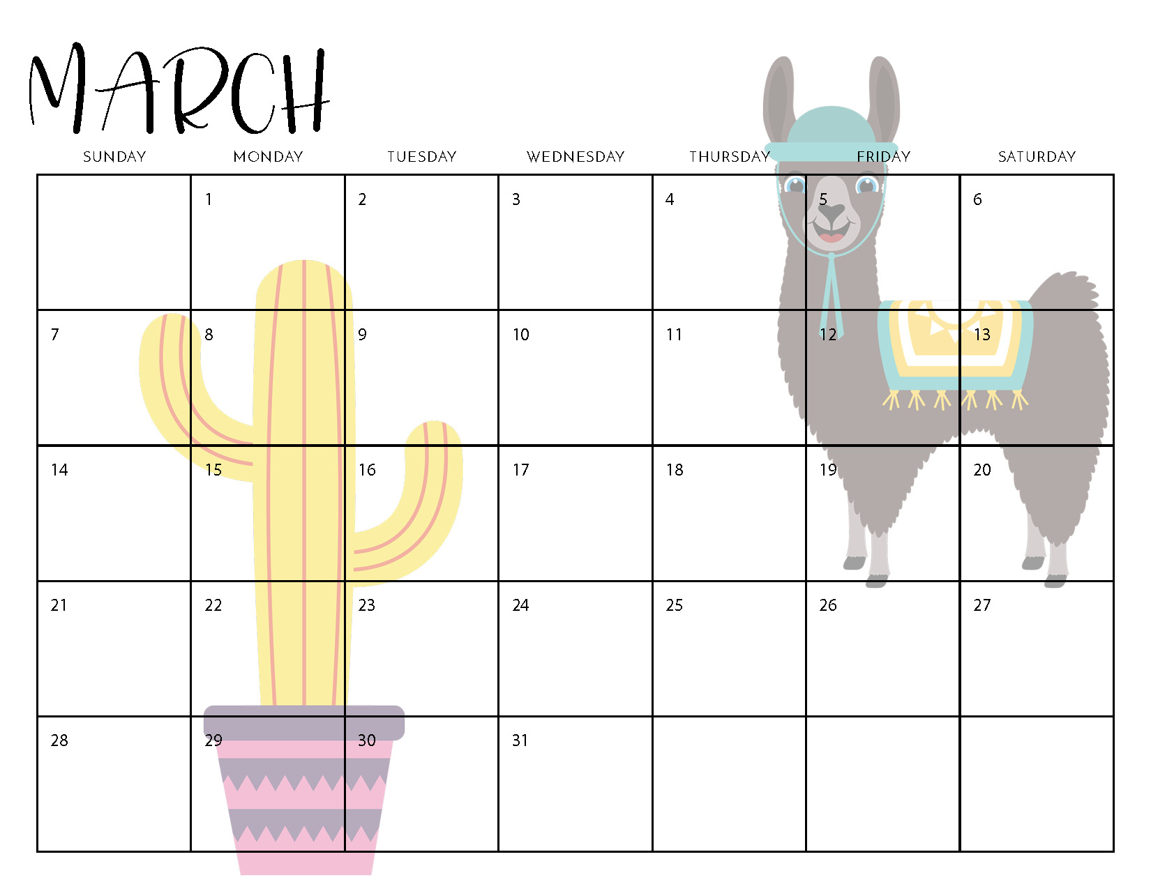 2022 Llama Calendar Free Printable - Crafting in the Rain