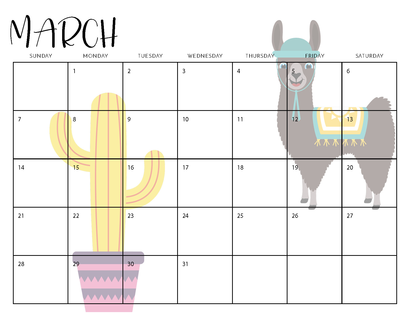 Printable Calendar 2021 March Cute