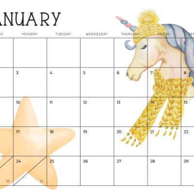 Free Printable Unicorn Calendar